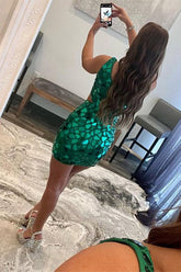 Misshow Sparkly Green One Shoulder Mirror Tight Short Homecoming Dress/Mini Dress with Sequins